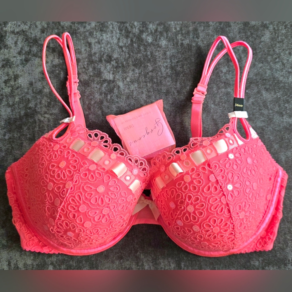 Victoria's Secret Coral Lace Sequin Bra, 34DD